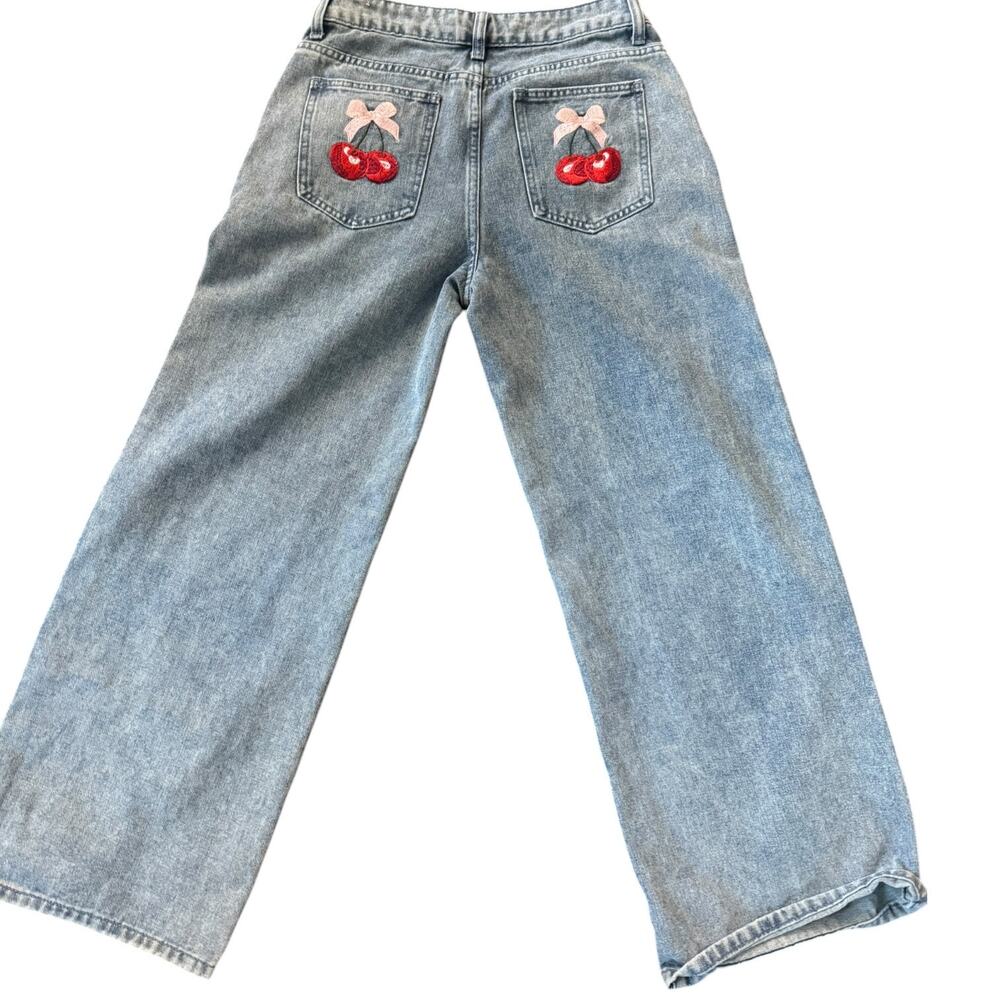 J For Justify Embroidered Cherry Pocket Wide Leg Jeans Size 5 Coquette Y2K